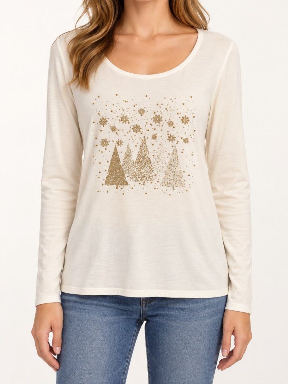 Chico’s Weekends Ivory Gold Holiday Winter Tree Top Size 2